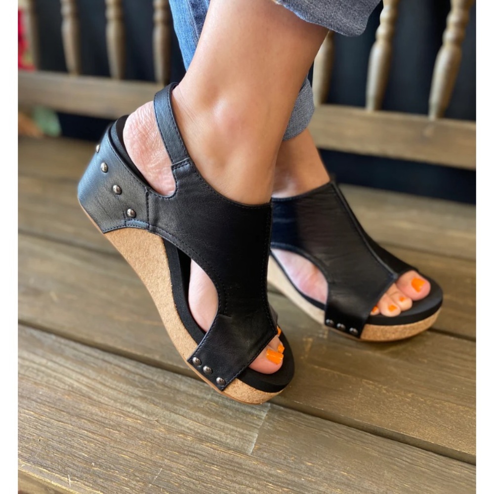 EUC Corkys Carley women’s casual wedge black leather studded cork wedge sandals9